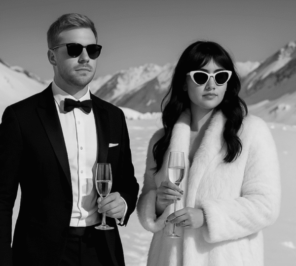 Elegantes Paar mit Champagner im Schnee, vor malerischer Bergkulisse in Lech/Zürs. Ideal für das Hotel Edelweiss.