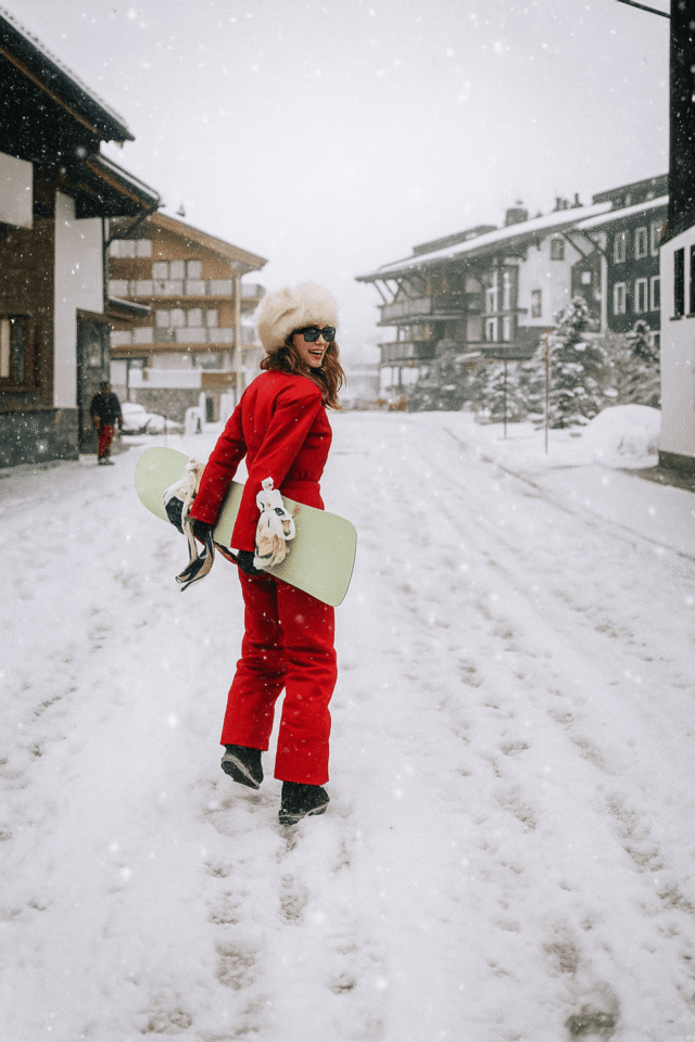 Frau in rotem Schneeanzug mit Snowboard, lächelnd im verschneiten Lech/Zürs, perfekt für Winterabenteuer im Hotel Edelweiss.